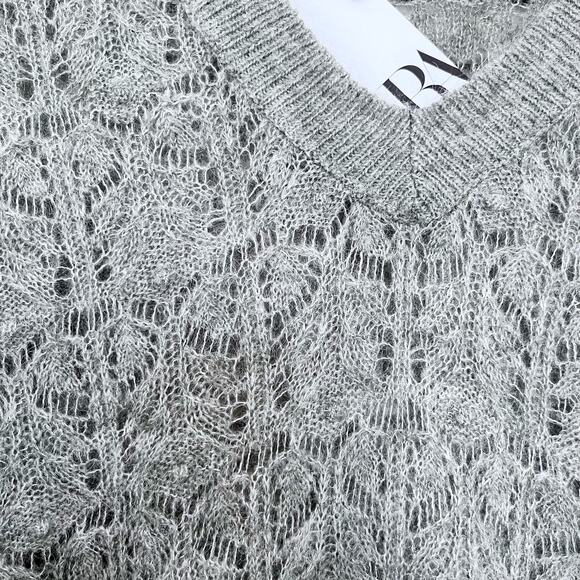 ZARA POINTELLE OPEN KNIT SWEATER Oversized Green Marl XS/S. NWT - Picture 5 of 11